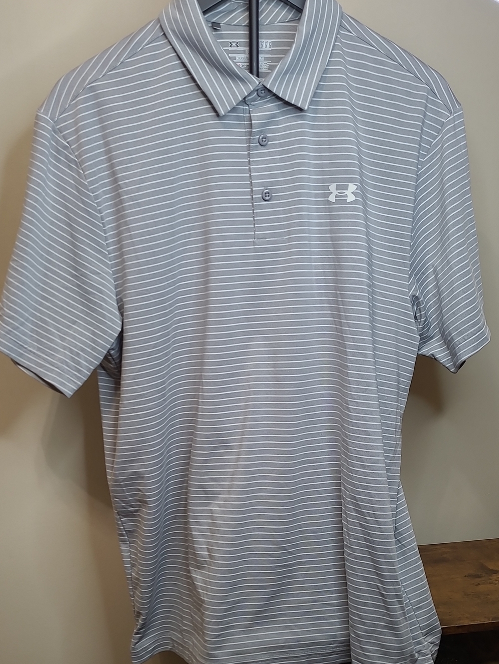 Under Armour Grey & White Striped Polo Shirt size Large